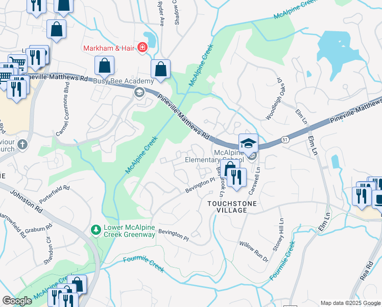 map of restaurants, bars, coffee shops, grocery stores, and more near 6809 Fishers Farm Lane in Charlotte