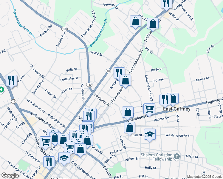 map of restaurants, bars, coffee shops, grocery stores, and more near 1215 North Limestone Street in Gaffney