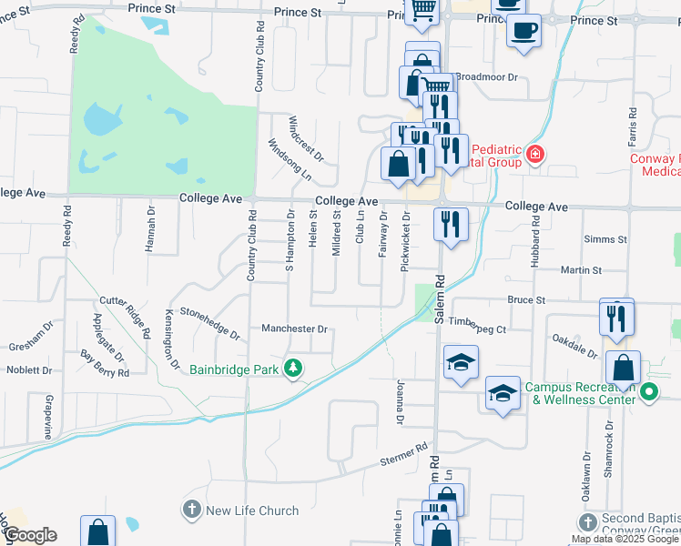 map of restaurants, bars, coffee shops, grocery stores, and more near 304 Mildred Street in Conway