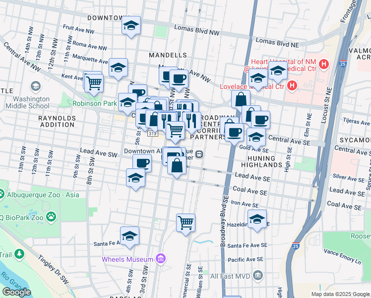 map of restaurants, bars, coffee shops, grocery stores, and more near 100 Silver Avenue Southeast in Albuquerque