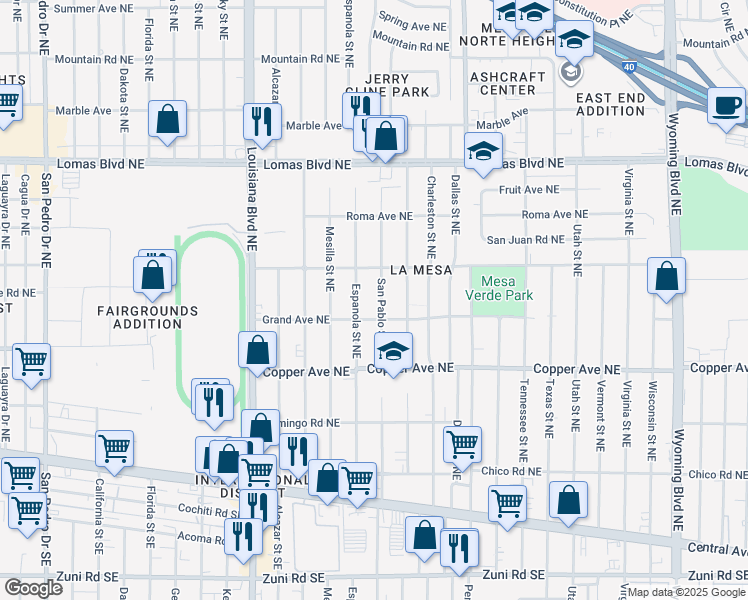 map of restaurants, bars, coffee shops, grocery stores, and more near 500 San Pablo Street Northeast in Albuquerque