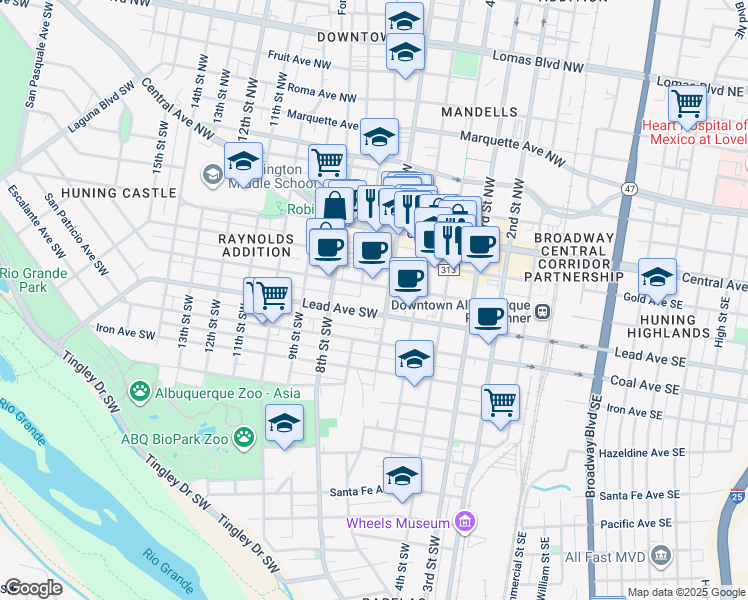 map of restaurants, bars, coffee shops, grocery stores, and more near 318 6th Street Northwest in Albuquerque