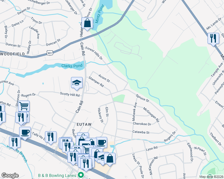 map of restaurants, bars, coffee shops, grocery stores, and more near 2000 Spruce Street in Fayetteville