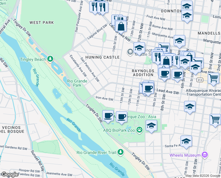 map of restaurants, bars, coffee shops, grocery stores, and more near 13 Broadcast Plaza Southwest in Albuquerque