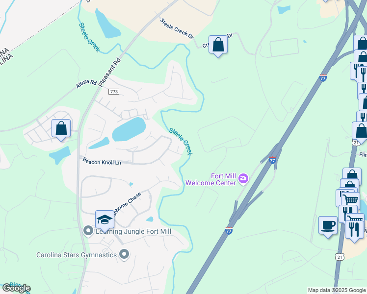 map of restaurants, bars, coffee shops, grocery stores, and more near 612 Landsdowne Court in Fort Mill