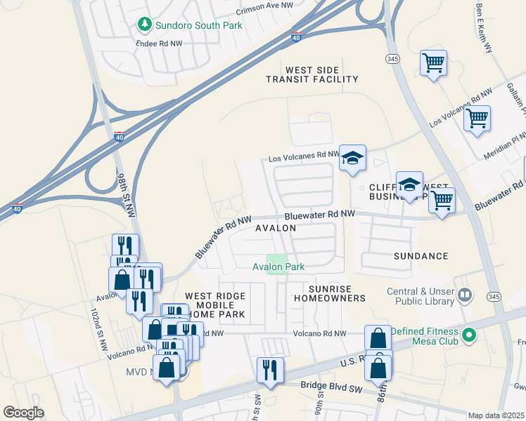 map of restaurants, bars, coffee shops, grocery stores, and more near 601 90th Street Northwest in Albuquerque