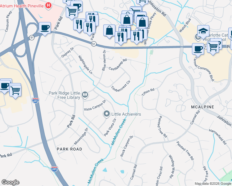map of restaurants, bars, coffee shops, grocery stores, and more near 8717 Timbercrest Circle in Charlotte