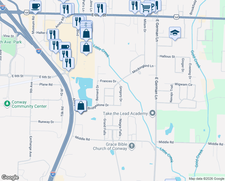 map of restaurants, bars, coffee shops, grocery stores, and more near 9 Mockingbird Lane in Conway