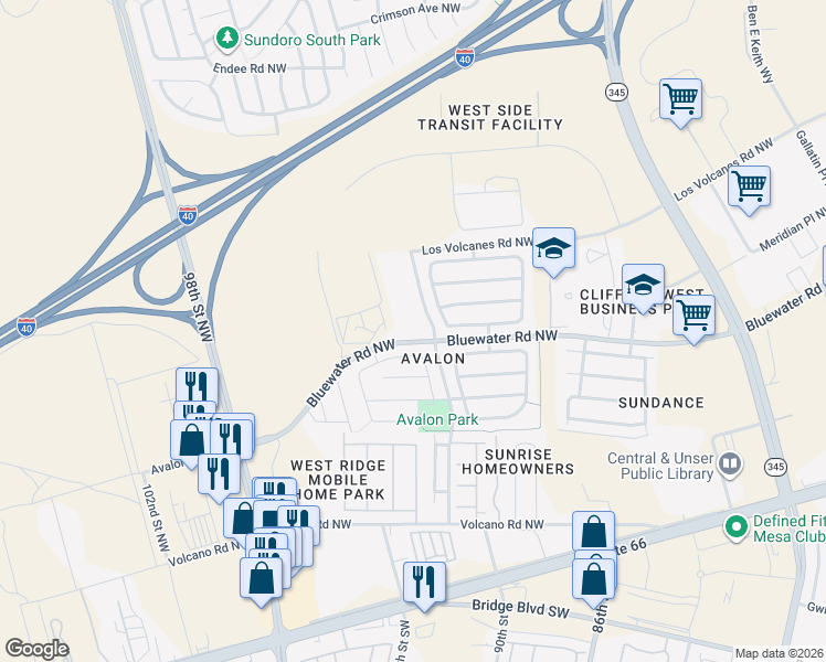 map of restaurants, bars, coffee shops, grocery stores, and more near 601 90th Street Northwest in Albuquerque