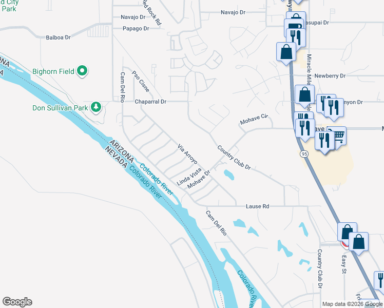 map of restaurants, bars, coffee shops, grocery stores, and more near 2570 Vía Arroyo in Bullhead City