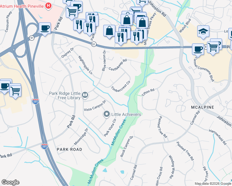 map of restaurants, bars, coffee shops, grocery stores, and more near 8717 Timbercrest Circle in Charlotte