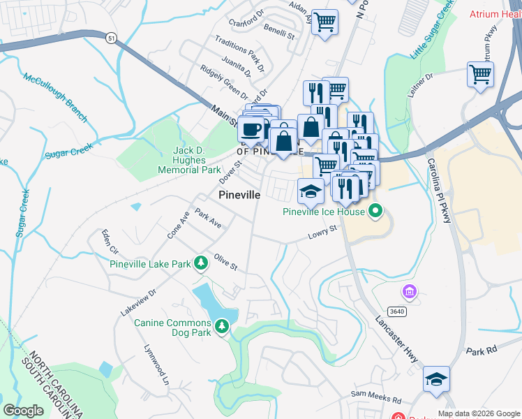 map of restaurants, bars, coffee shops, grocery stores, and more near 413 Johnston Drive in Pineville