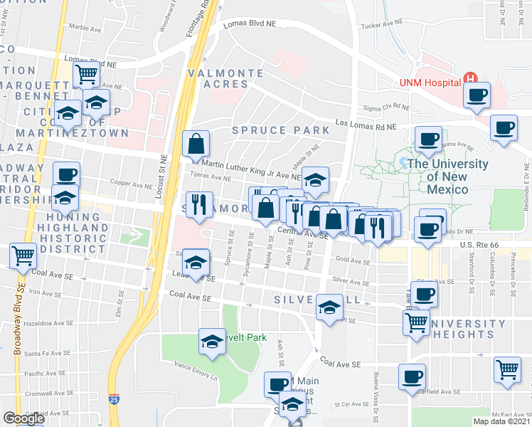 map of restaurants, bars, coffee shops, grocery stores, and more near 114 Sycamore Street Northeast in Albuquerque