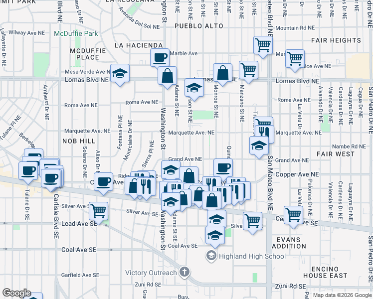 map of restaurants, bars, coffee shops, grocery stores, and more near 301 Jefferson Street Northeast in Albuquerque