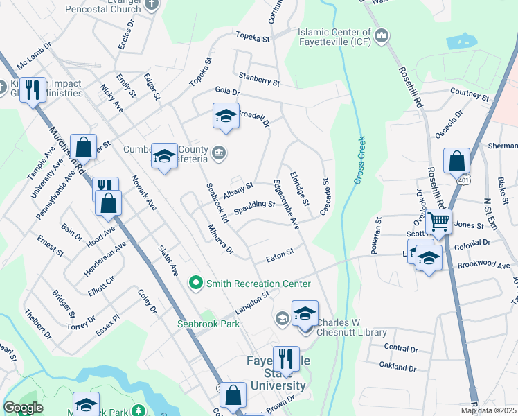 map of restaurants, bars, coffee shops, grocery stores, and more near 517 Spaulding Street in Fayetteville