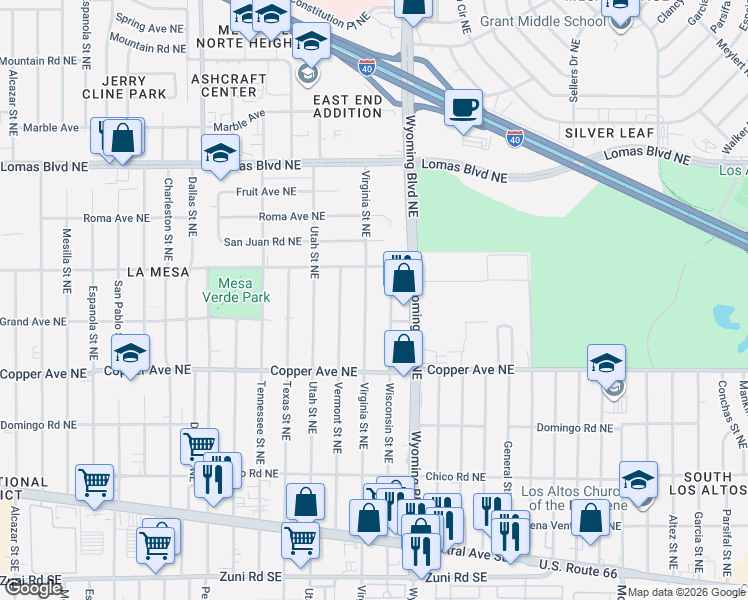 map of restaurants, bars, coffee shops, grocery stores, and more near 505 Virginia Street Northeast in Albuquerque
