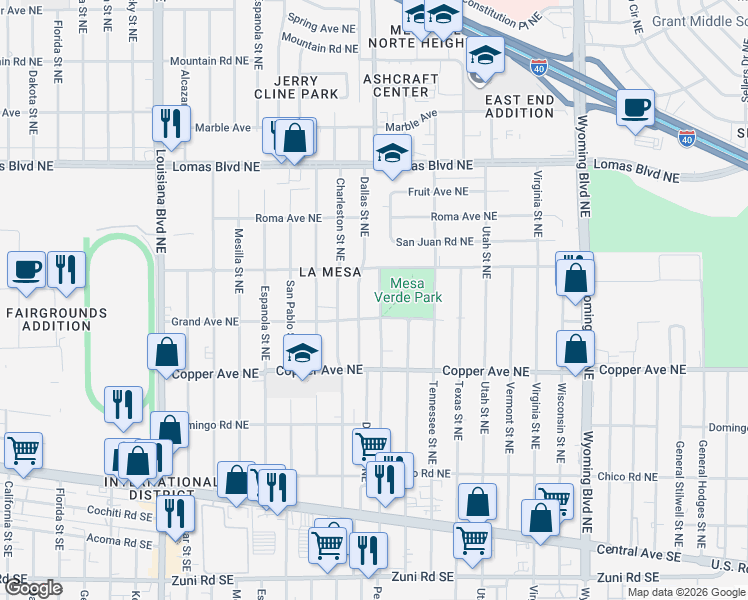 map of restaurants, bars, coffee shops, grocery stores, and more near 500 Dallas Street Northeast in Albuquerque