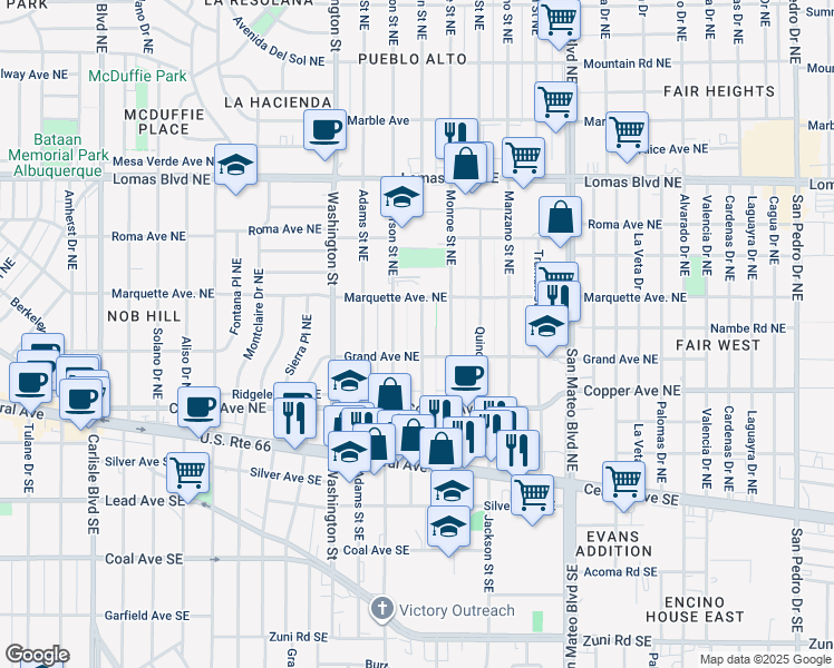 map of restaurants, bars, coffee shops, grocery stores, and more near 4807 Grand Avenue Northeast in Albuquerque