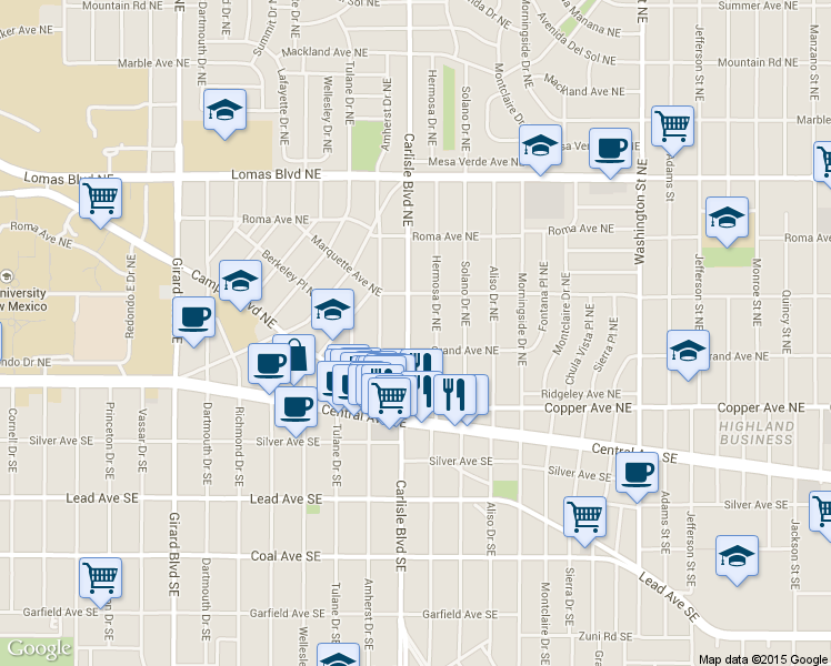 map of restaurants, bars, coffee shops, grocery stores, and more near 301 Hermosa Drive Southeast in Albuquerque