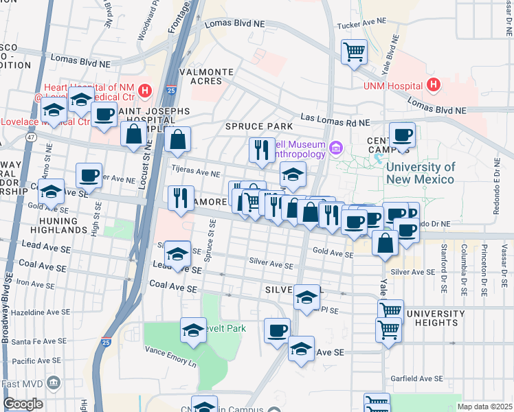 map of restaurants, bars, coffee shops, grocery stores, and more near 1415 Central Avenue Northeast in Albuquerque