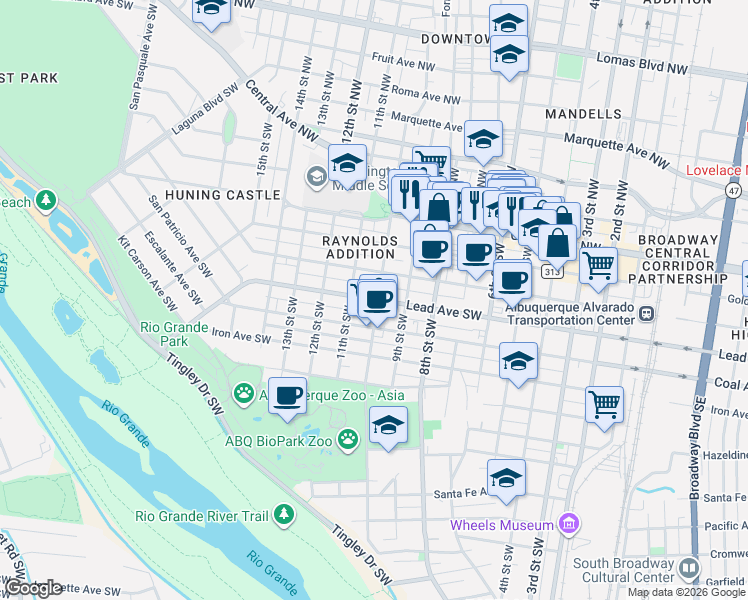 map of restaurants, bars, coffee shops, grocery stores, and more near 920 Lead Avenue Southwest in Albuquerque