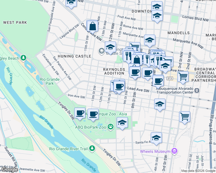 map of restaurants, bars, coffee shops, grocery stores, and more near 1021 Coal Avenue Southwest in Albuquerque