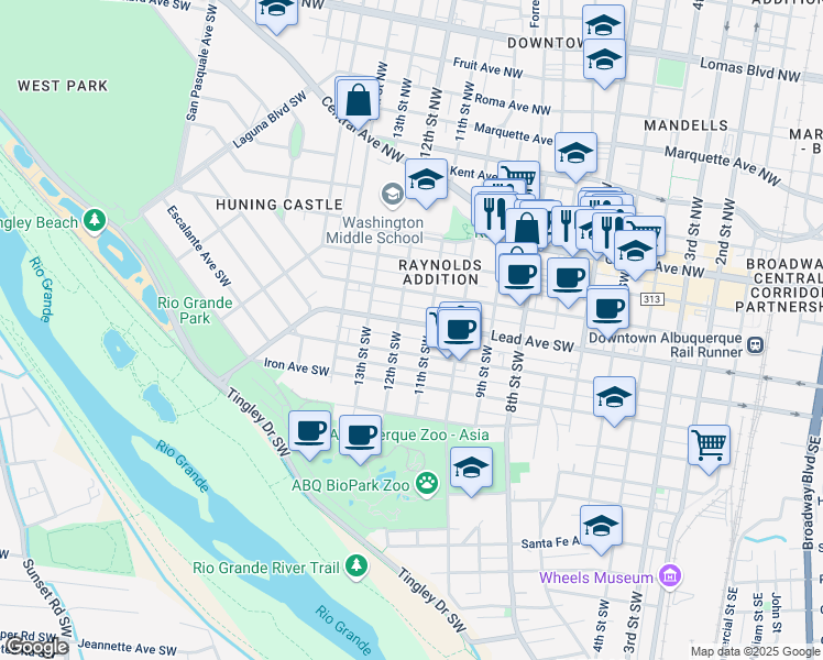 map of restaurants, bars, coffee shops, grocery stores, and more near 1021 Coal Avenue Southwest in Albuquerque
