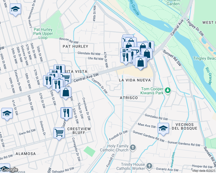 map of restaurants, bars, coffee shops, grocery stores, and more near 221 La Vida Nueva Del Oeste in Albuquerque