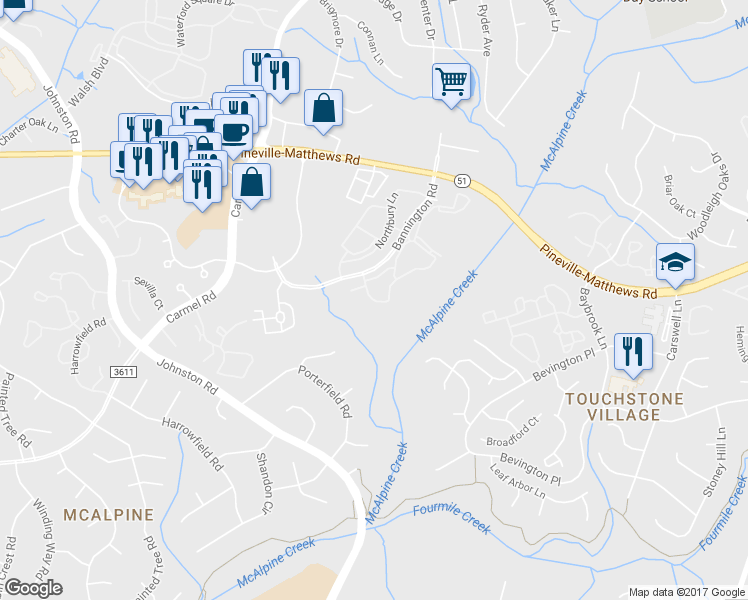 map of restaurants, bars, coffee shops, grocery stores, and more near 6772 Poppy Hills Lane in Charlotte