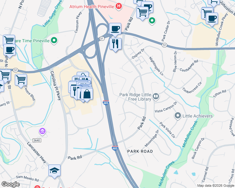 map of restaurants, bars, coffee shops, grocery stores, and more near 11000 Kingfisher Drive in Charlotte