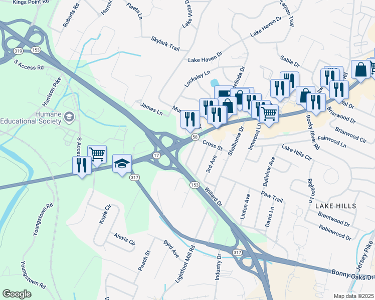 map of restaurants, bars, coffee shops, grocery stores, and more near 4206 Willard Drive in Chattanooga