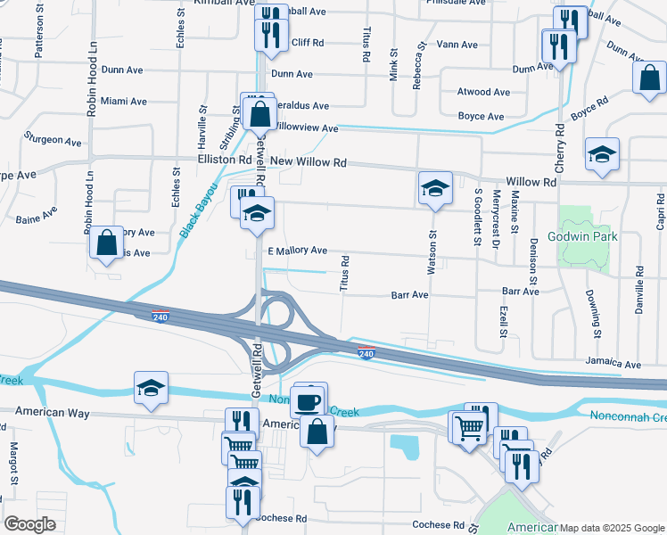 map of restaurants, bars, coffee shops, grocery stores, and more near 1832 Getwell Road in Memphis