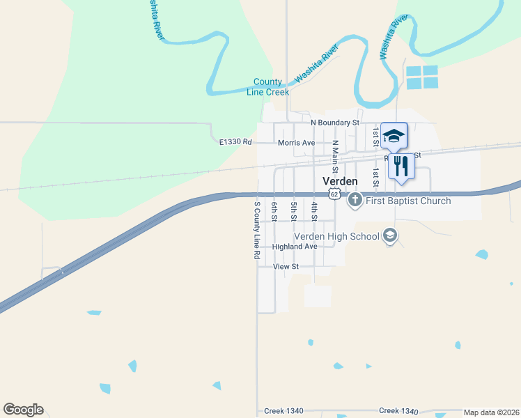 map of restaurants, bars, coffee shops, grocery stores, and more near 109 Section Line Road in Verden