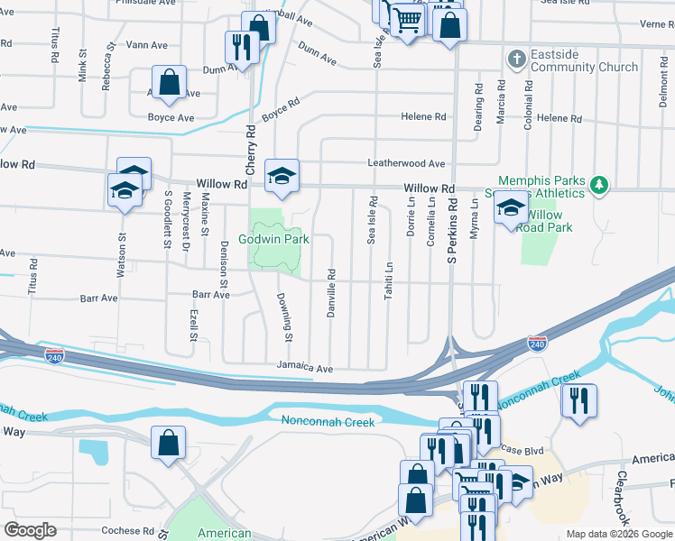 map of restaurants, bars, coffee shops, grocery stores, and more near 4467 Mallory Road in Memphis