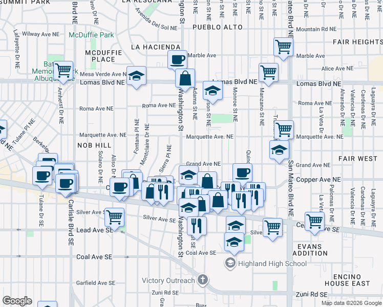 map of restaurants, bars, coffee shops, grocery stores, and more near 317 Adams Street Northeast in Albuquerque