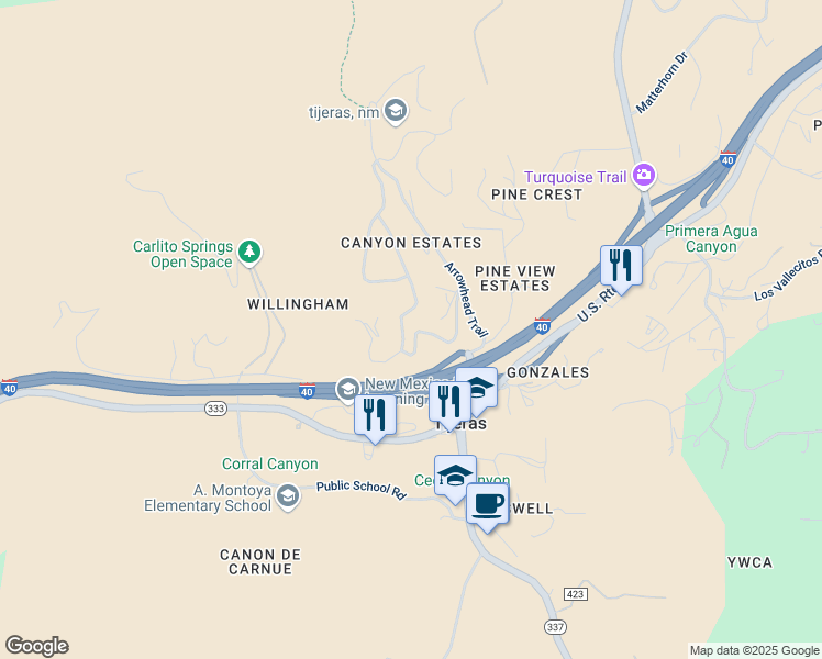 map of restaurants, bars, coffee shops, grocery stores, and more near 34 Turquoise Trail in Tijeras