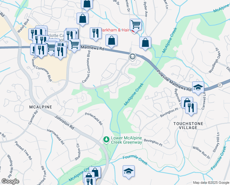 map of restaurants, bars, coffee shops, grocery stores, and more near 6772 Poppy Hills Lane in Charlotte