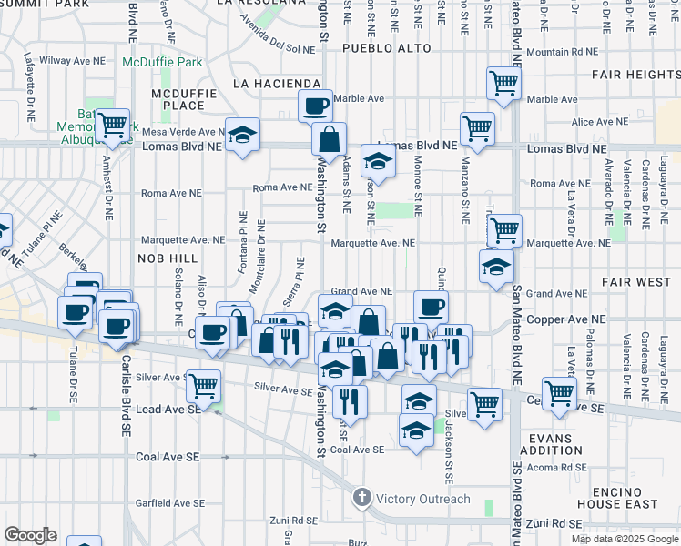map of restaurants, bars, coffee shops, grocery stores, and more near 317 Adams Street Northeast in Albuquerque