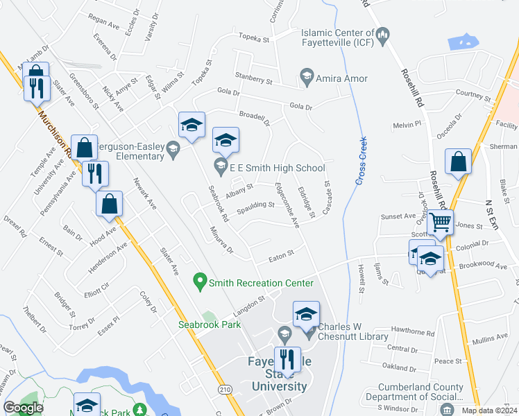map of restaurants, bars, coffee shops, grocery stores, and more near 517 Spaulding Street in Fayetteville