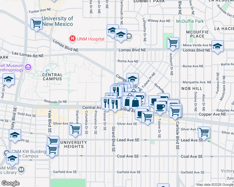 map of restaurants, bars, coffee shops, grocery stores, and more near 2933 Monte Vista Boulevard Northeast in Albuquerque