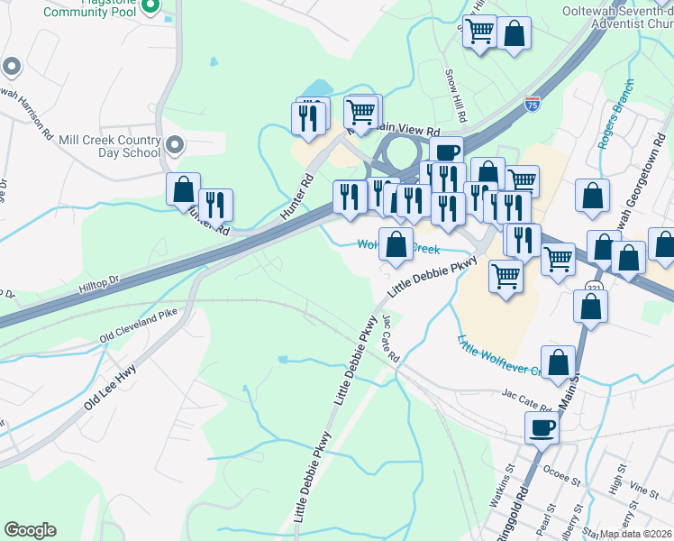 map of restaurants, bars, coffee shops, grocery stores, and more near 8827 Ooltewah Cemetery Road in Ooltewah