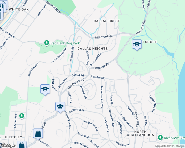 map of restaurants, bars, coffee shops, grocery stores, and more near 1003 East Dallas Road in Chattanooga