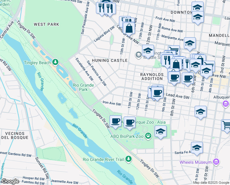 map of restaurants, bars, coffee shops, grocery stores, and more near 13 Broadcast Plaza Southwest in Albuquerque