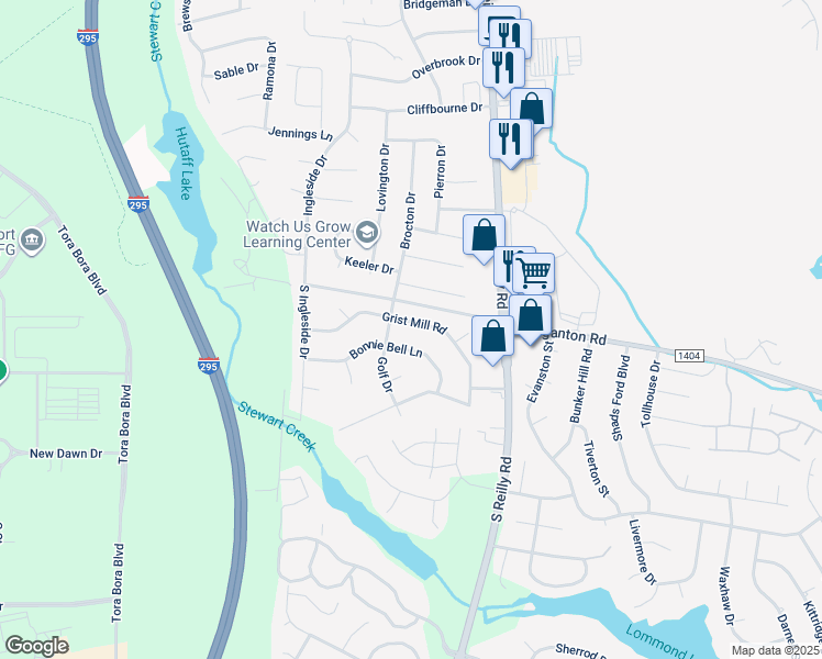 map of restaurants, bars, coffee shops, grocery stores, and more near 6553 Gristmill Road in Fayetteville