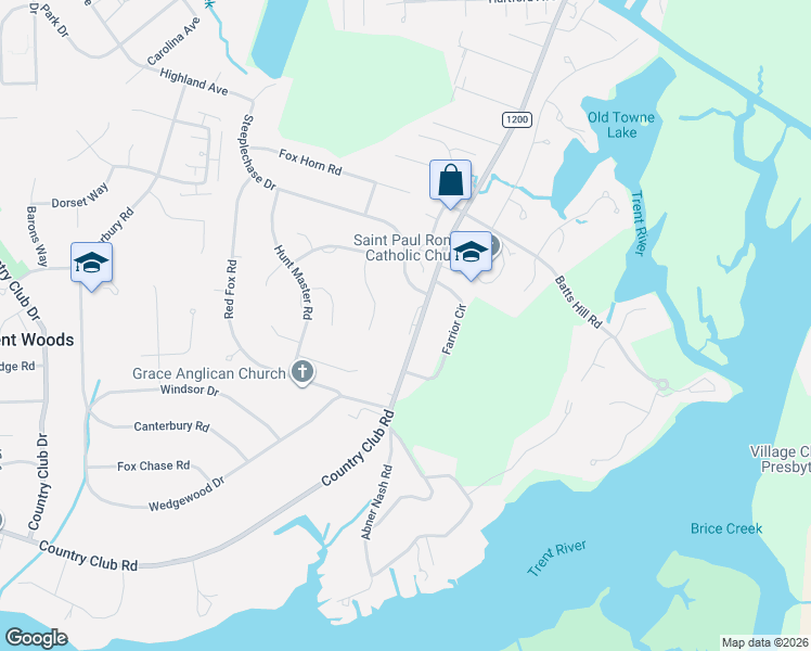 map of restaurants, bars, coffee shops, grocery stores, and more near 3120 Country Club Road in New Bern