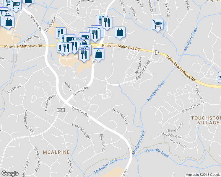 map of restaurants, bars, coffee shops, grocery stores, and more near 6770 Vlosi Drive in Charlotte