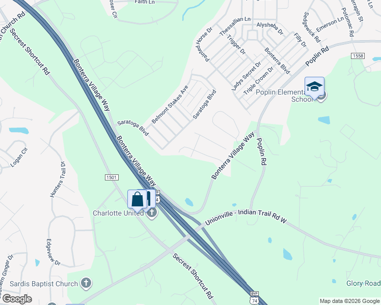 map of restaurants, bars, coffee shops, grocery stores, and more near 6102 State Road 1508 in Indian Trail