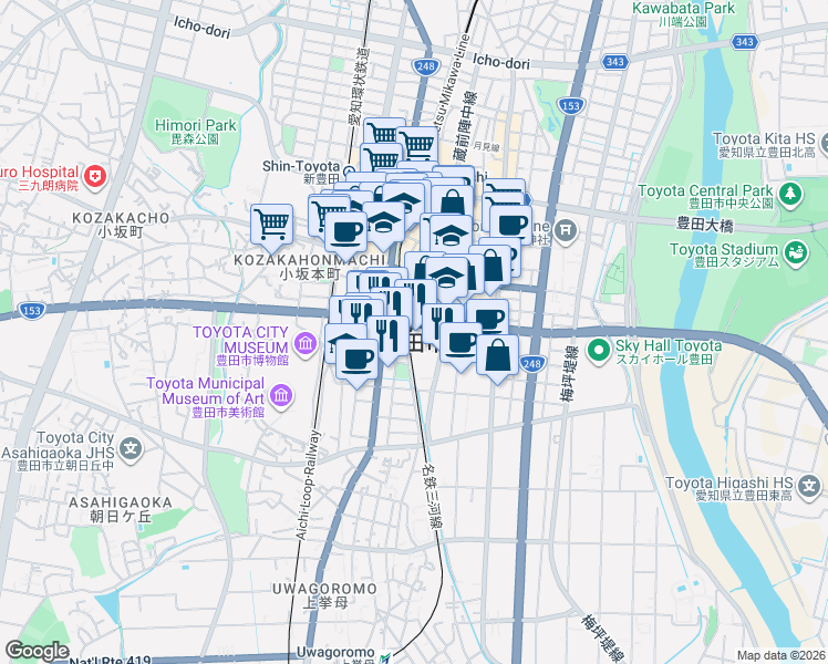 map of restaurants, bars, coffee shops, grocery stores, and more near in Toyota
