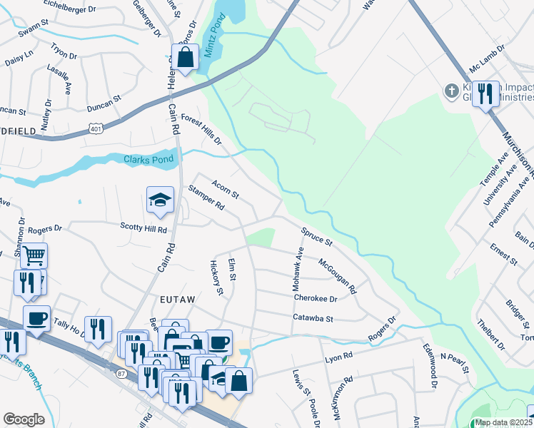 map of restaurants, bars, coffee shops, grocery stores, and more near 1933 Spruce Street in Fayetteville
