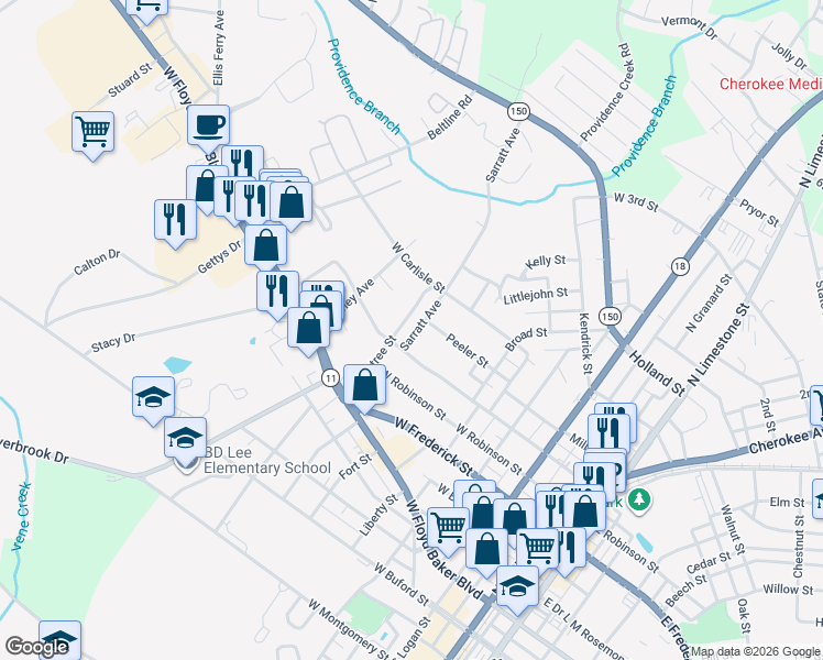 map of restaurants, bars, coffee shops, grocery stores, and more near 419 Peeler Street in Gaffney
